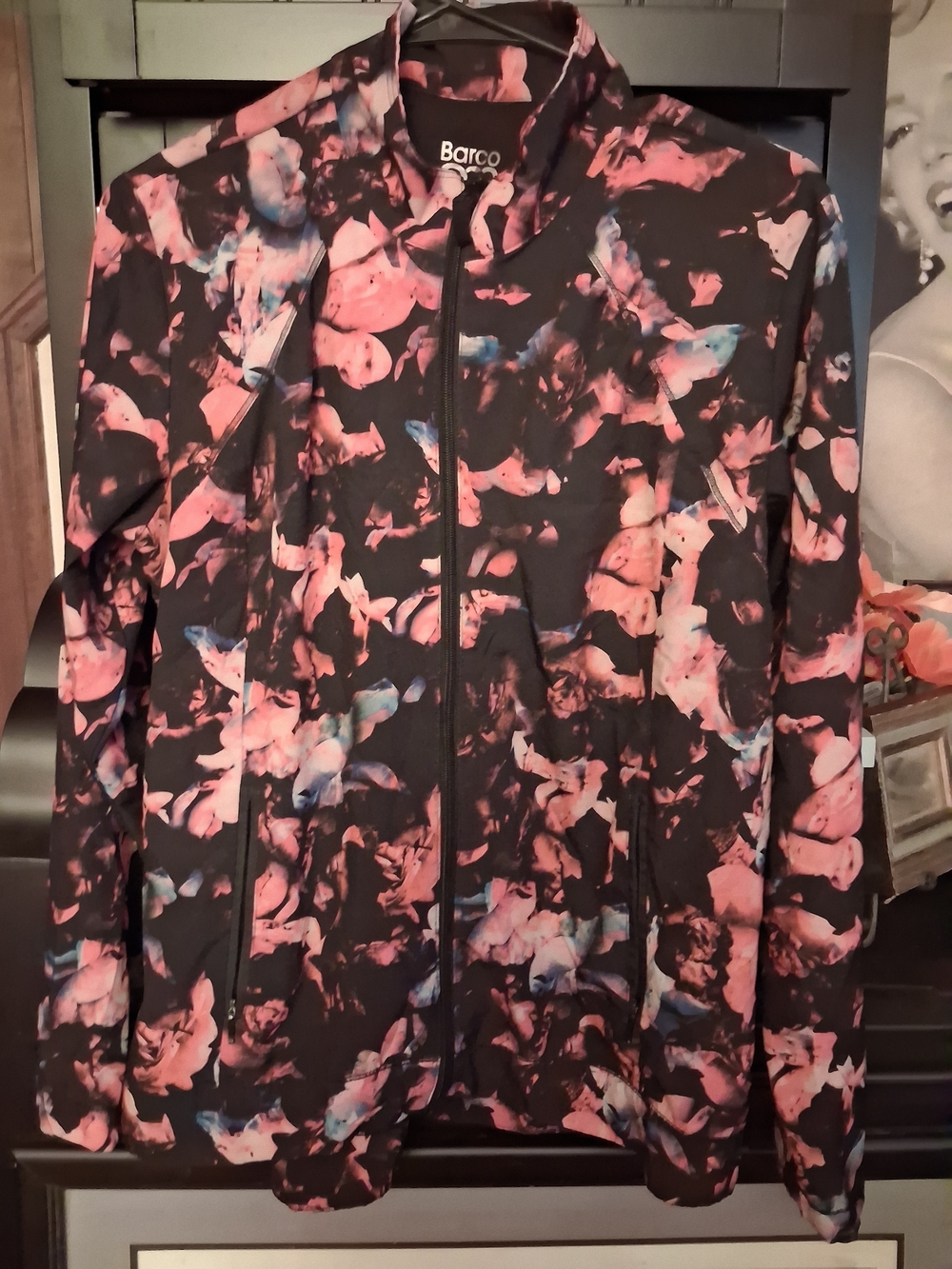 Barco Uniforms Black Floral-Print Zip Front Bomber Jacket with Pink Accents